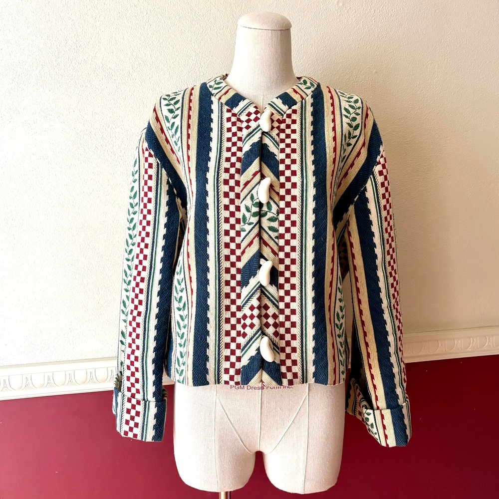Doncaster Vintage Tapestry Jacket 10 Leaf Check Stripe Toggle USA Made 90s Artsy - Picture 12 of 12